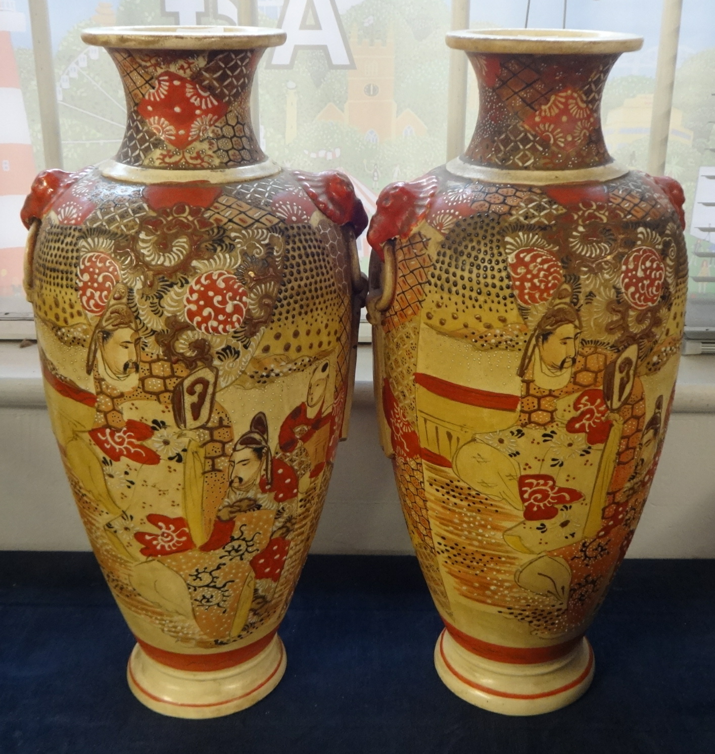 Pair of earthenware satsuma vases, height 47cm, pair of cloisonné enamelled vases height 17cm and