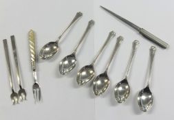 Set of six English Silver teaspoons, silver fruit and paper knife, pickle fork and two others.