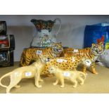 Five various Beswick models tigers and leopards also an early 20th Century jug and basin set.