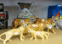 Five various Beswick models tigers and leopards also an early 20th Century jug and basin set.