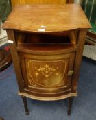 Mahogany bedside cupboard with marble top, another bedside cupboard and a two tier inlaid French