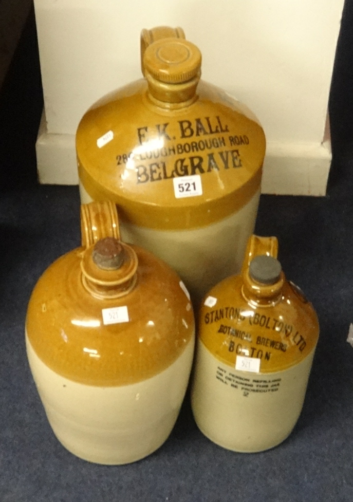 Three stone jars including Stanton's Botanical Brewers Bolton.