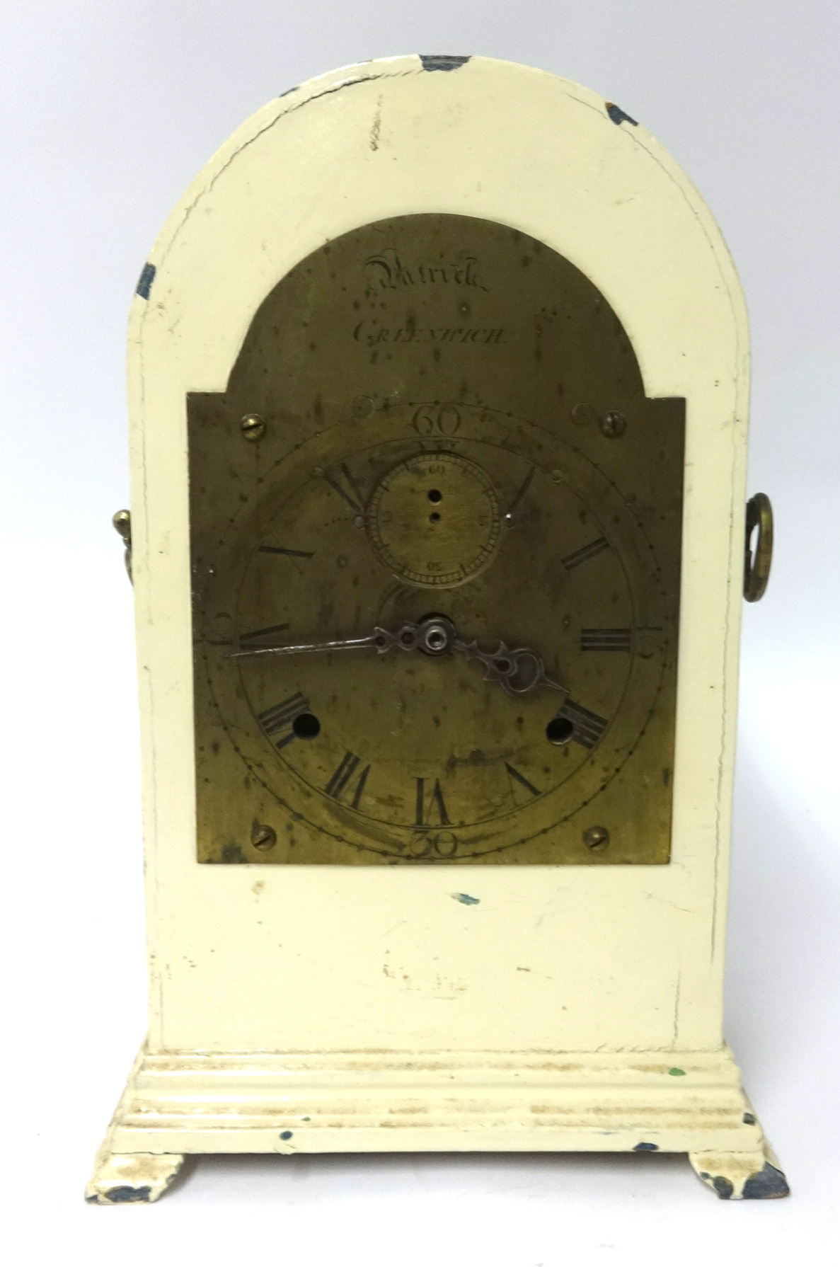 A made up clock, with brass dial inscribed 'Patrick of Greenwich' in painted wood case.