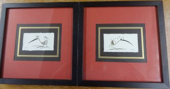 Harry Lock, a pair of small paintings of birds on paper (the paper made from African elephant dung),
