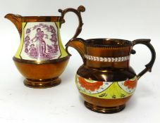 Two 19th Century copper lustre jugs including 'Charity'.