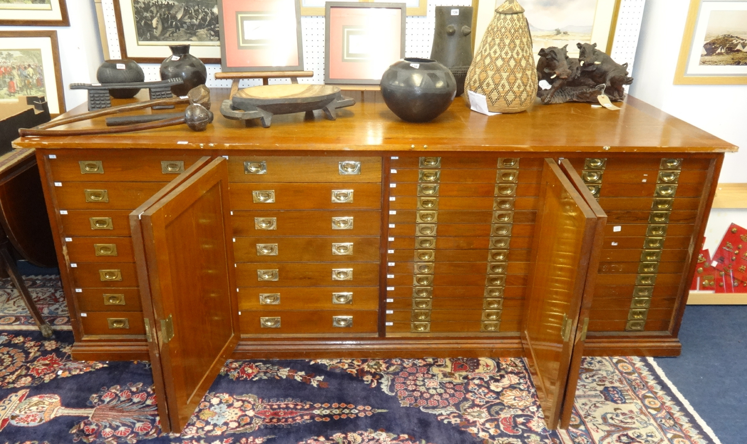 A large Museum Collectors Cabinet, comprising of four cupboard doors on each side, one side fitted - Image 2 of 2