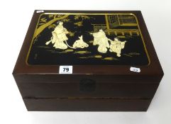 An Oriental lacquered fold out writing slope, having applied decoration of figures, fish and