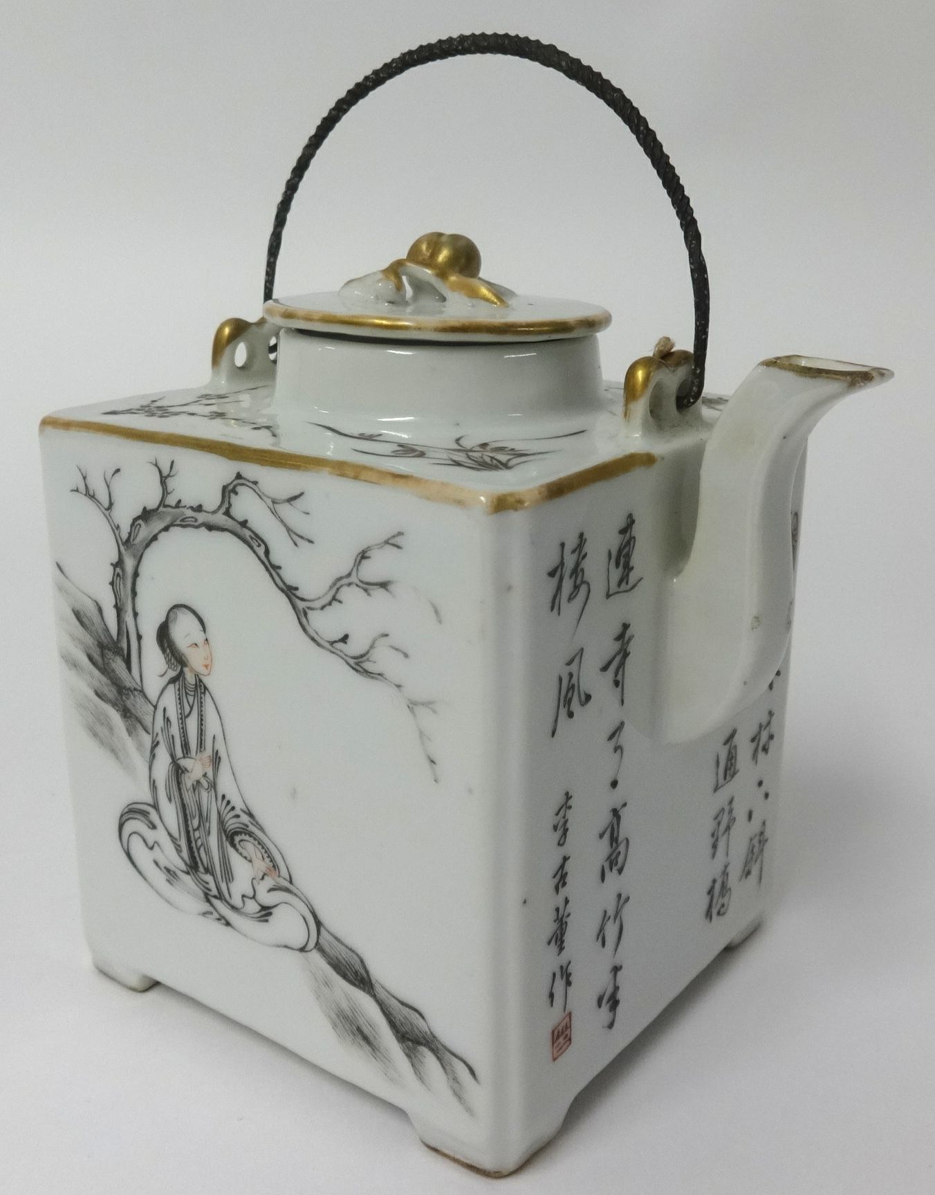 A late Qing Chinese porcelain square teapot decorated with panels of landscapes and a script of - Image 7 of 10