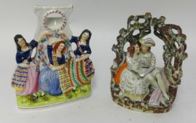 Two Victorian Staffordshire groups, a 'Couple in an Arbour' and 'Three Dancing Scots Girls', tallest
