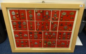 A framed collection of Military badges and buttons of various regiments including Middlesex, Hants
