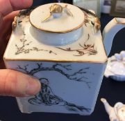A late Qing Chinese porcelain square teapot decorated with panels of landscapes and a script of
