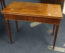 A Geo III mahogany and crossbanded card table on square tapered legs, width 90cm.