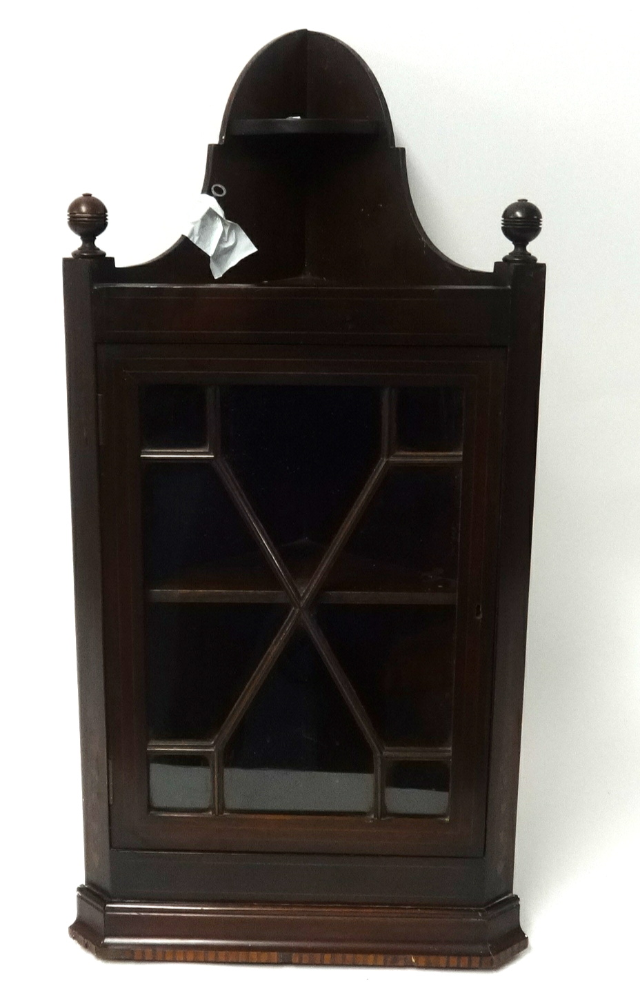 An Edwardian inlaid mahogany wall hanging corner cabinet with single astragal glazed door, approx