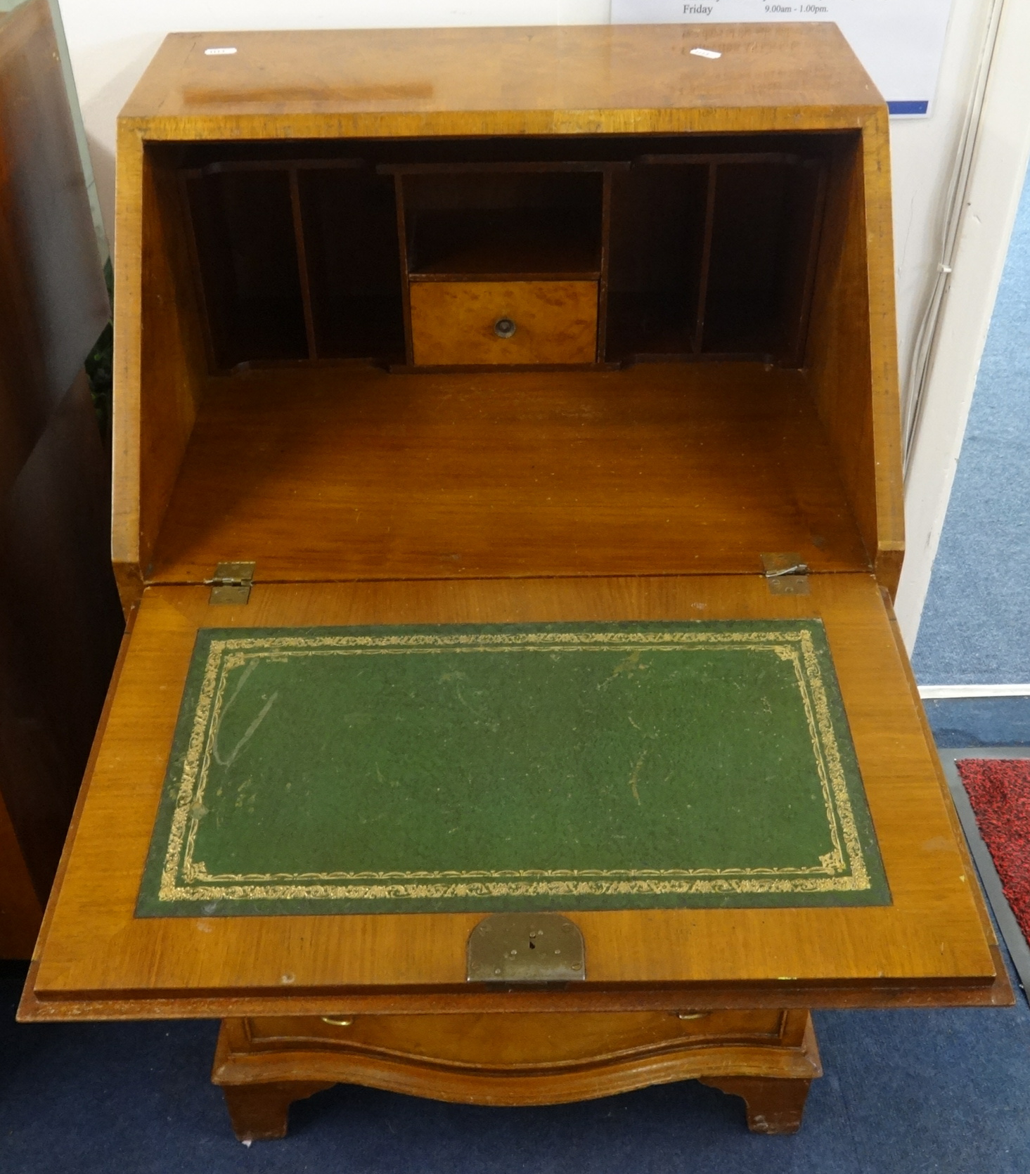 A reproduction burr walnut bureau, fitted with four serpentine drawers, width 54cm. - Image 2 of 2