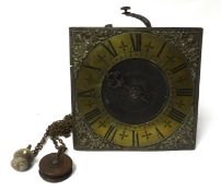 An 18th Century hook and spike wall clock, with single weight, 23cm square.