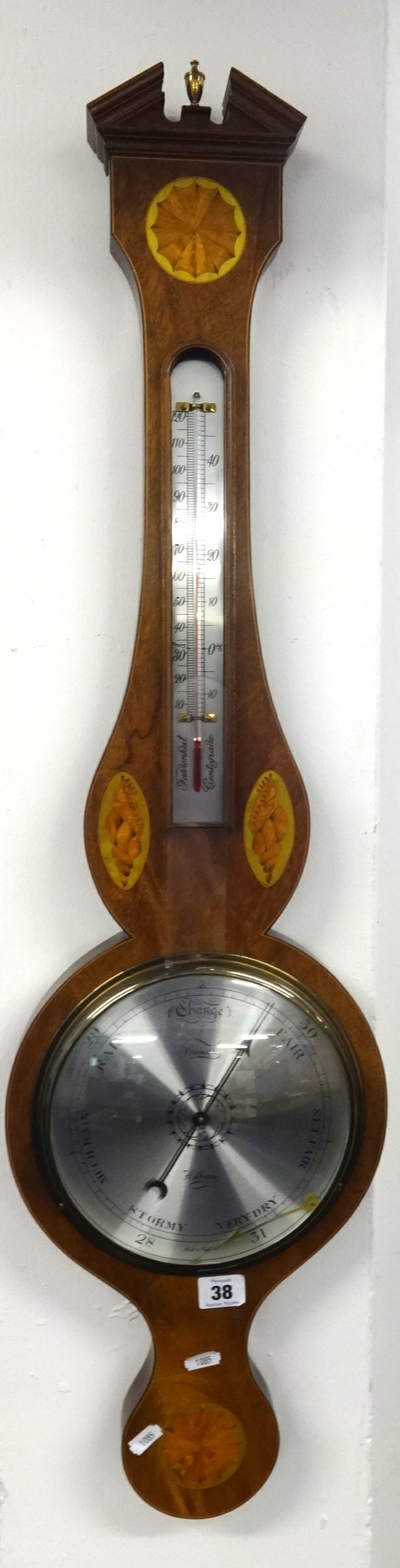 A Comitti, Holborn reproduction mahogany and inlaid cased barometer (damaged glass).