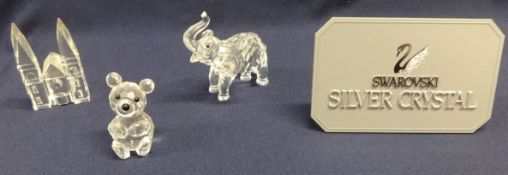 Swarovski Crystal Glass, collection consisting of small bear, small elephant and crystal church