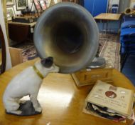 A Winged Horse wind up table gramophone with horn, also a cast resin model of 'Nipper' and some