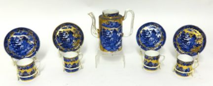 A Coalport blue willow and gilt pattern coffee set (four coffee cans & saucers and a coffee pot (