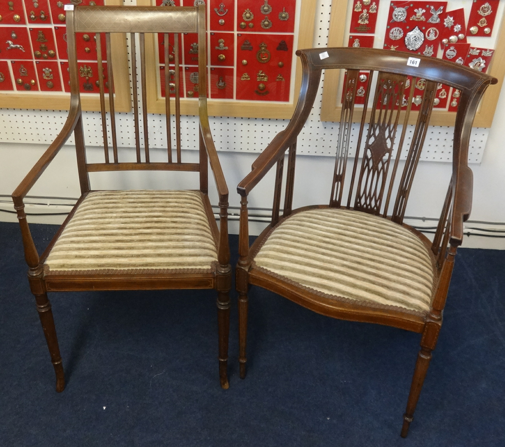 Two Edwardian inlaid mahogany elbow chairs