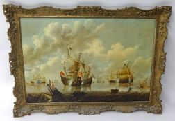 After Van De Veld, a Naval combat print on canvas in gilt swept frame, also a Continental view