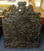 An antique heavy cast Iron fireback decorated with Lions, figures and animals, height approx