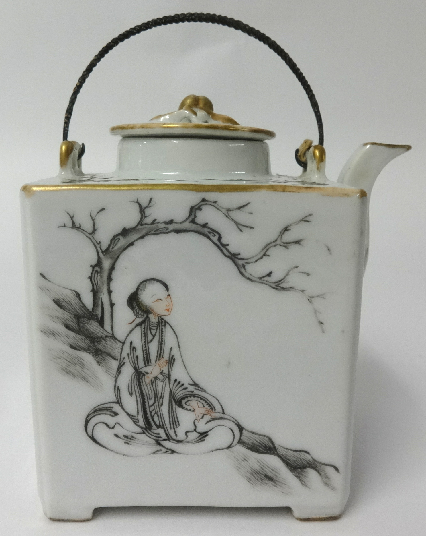 A late Qing Chinese porcelain square teapot decorated with panels of landscapes and a script of - Image 5 of 10