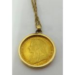 A Victorian 1899 Sovereign, mounted as a pendant on a fine chain, 15.10gms overall.