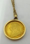 A Victorian 1899 Sovereign, mounted as a pendant on a fine chain, 15.10gms overall.