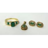 Emerald and diamond set ring stamped 585 also a similar pendant in 9ct and earrings (4)