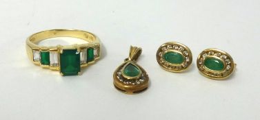 Emerald and diamond set ring stamped 585 also a similar pendant in 9ct and earrings (4)