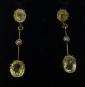 A pair of antique yellow sapphire pendant drop earrings, set with sea pearl overall length approx