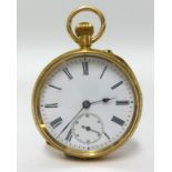 A Victorian ladies 18ct gold open face fob watch with keyless movement, the back plate stamped
