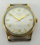 Longines, a gents 8ct gold traditional wristwatch, with Arabic and baton numerals, with no strap.