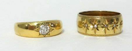 A 9ct gold wedding band set with five small diamonds and an 18ct gold band ring set with single