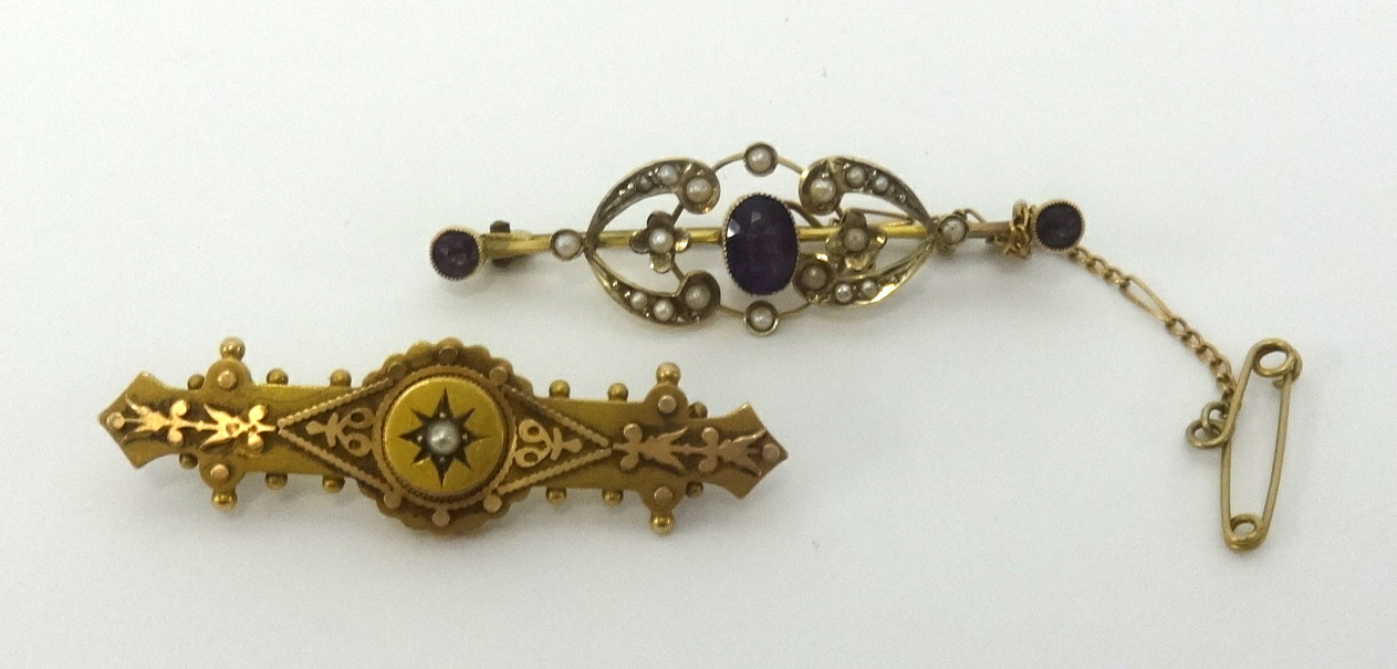 A 9ct amethyst and seed pearl brooch approx weight 2.70gms and another antique 15ct gold brooch (2.