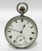 A Silver open face and keyless pocket watch, with sub second dial.