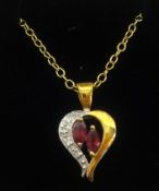 A 9ct ruby and diamond set pendant on fine chain.
