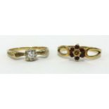 Two 9ct gold dress rings, one set with diamonds, the other garnet, gross weight 3.2gms.