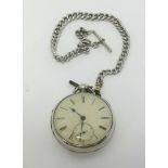 Three pocket watches and a guard chain including a silver open face key wined pocket watch with