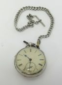 Three pocket watches and a guard chain including a silver open face key wined pocket watch with