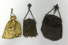 1930's Chatelaine bronze affect metal and turquoise purse with belt hook, a gilt evening bag and