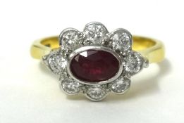 18ct ruby and diamond cluster ring, finger size N