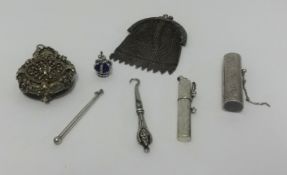 Various chatelaine objects including Victorian scent bottle, chain mail silver bag, purse, button