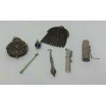 Various chatelaine objects including Victorian scent bottle, chain mail silver bag, purse, button