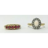 Opal and diamond cluster 9ct and a five stone ruby ring 9ct (2)