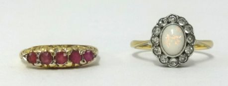 Opal and diamond cluster 9ct and a five stone ruby ring 9ct (2)
