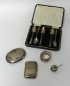 Various silverwares including five silver teaspoons, cigarette case, polish box, a napkin ring and a