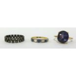 Three rings, including 9ct amethyst set ring, finger size O, also sapphire and diamond eternity ring