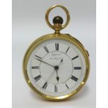 A 18ct gold open face keyless pocket watch, the dial stamped 'adjusted non magnetic' the back